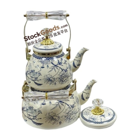 Enamel Teapot & Enamel Kettle Set with Golden Bail Handle, Golden Rim & Golden Knob, Multiple Patterns Available